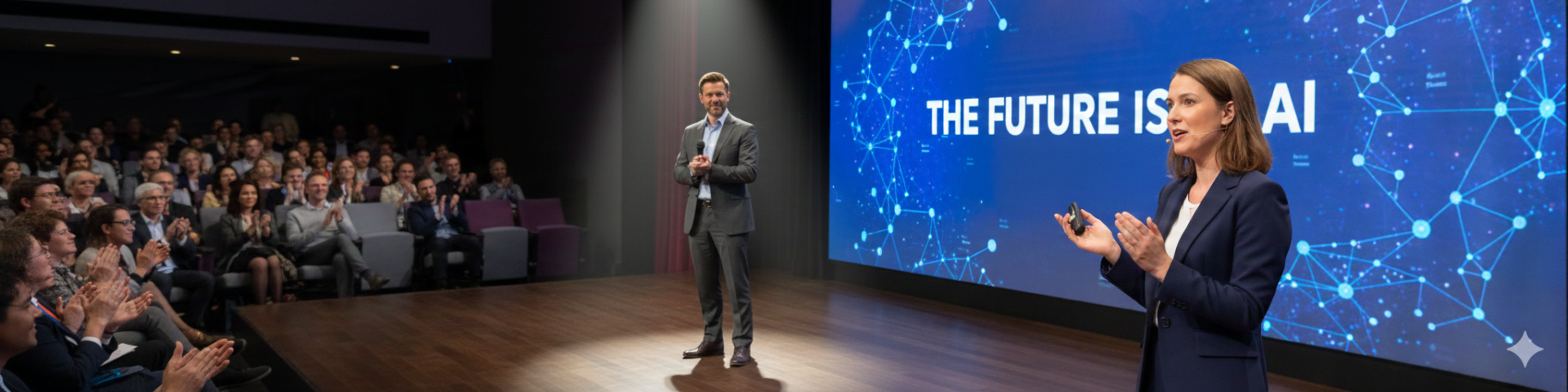 Vrouwelijke spreker over AI op podium ontvangt applaus voor haar keynote over kunstmatige intelligentie op een congres