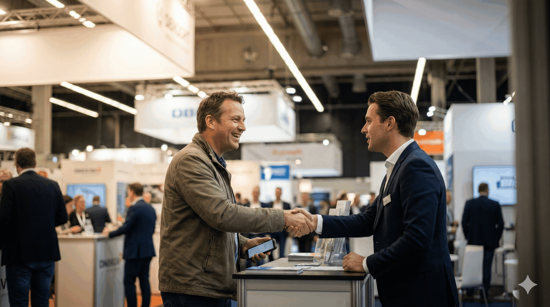 Bezoeker vakbeurs maakt kennis met exposant