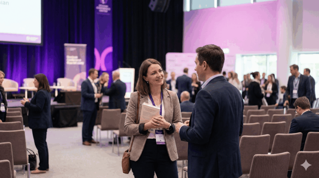 Congresbezoekers praten na na succesvol congres in de zaal van een congreslocatie